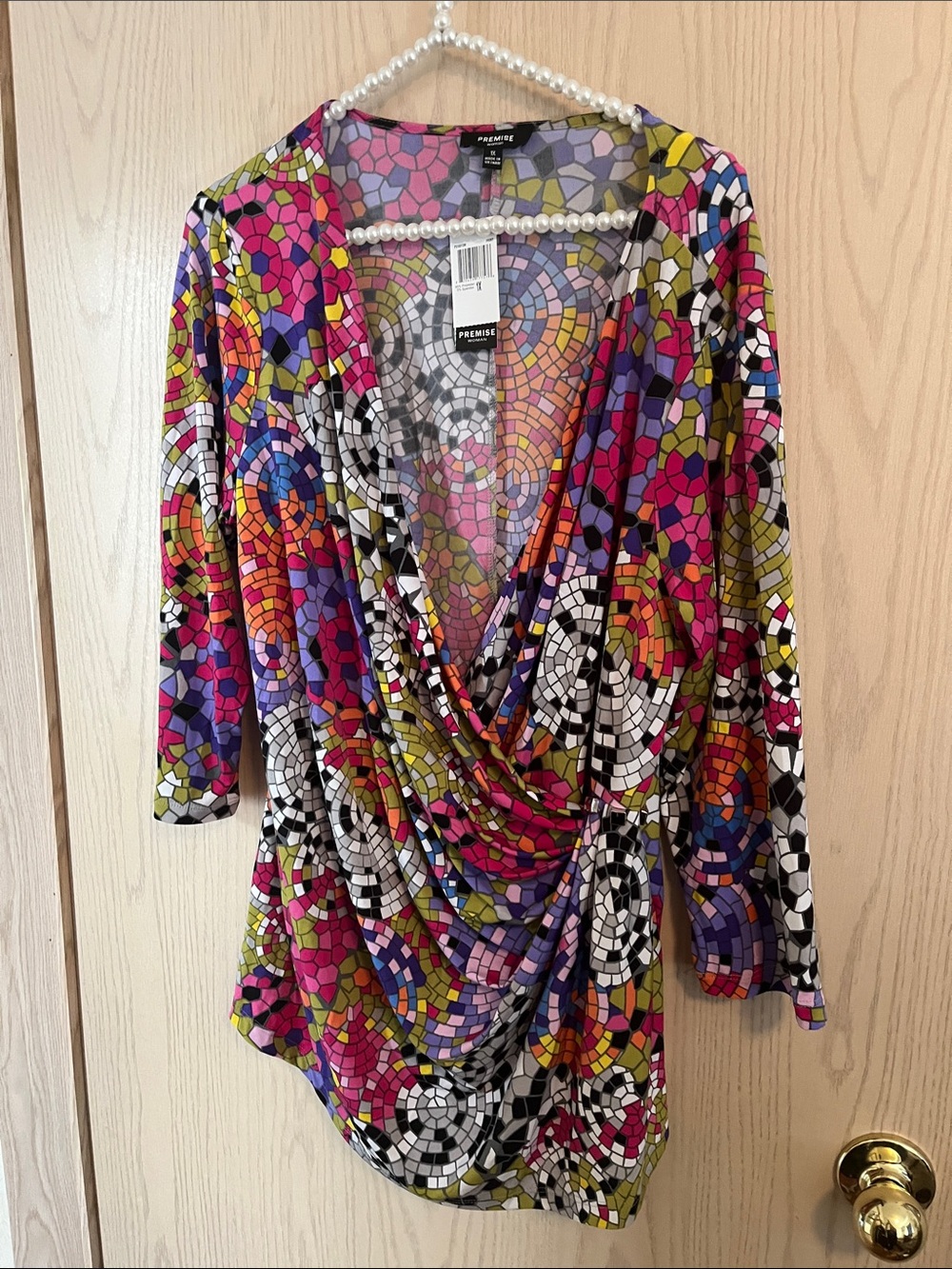 Premise Multicolor Mosaic Drape Neck Top - Pink, Green, Purple